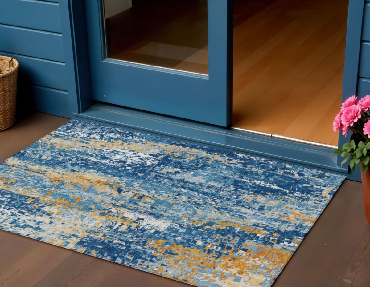 640574 3 x 5 ft. Navy Blue Gold & Ivory Abstract Washable Transitional Indoor & Outdoor Rectangle Area Rug