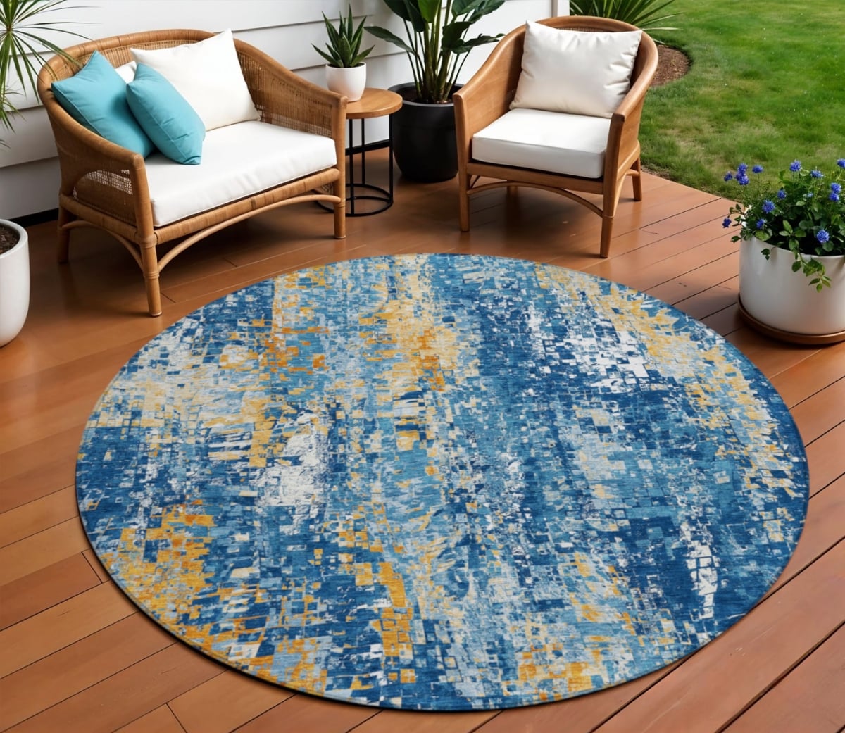 640576 8 ft. Navy Blue Gold & Ivory Abstract Washable Transitional Indoor & Outdoor Round Area Rug