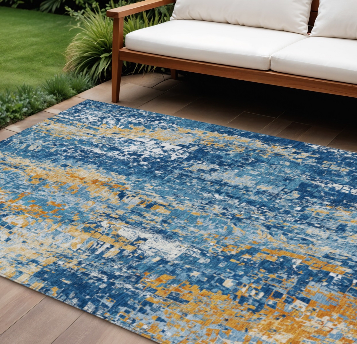 640579 10 x 14 ft. Navy Blue Gold & Ivory Abstract Washable Transitional Indoor & Outdoor Rectangle Area Rug