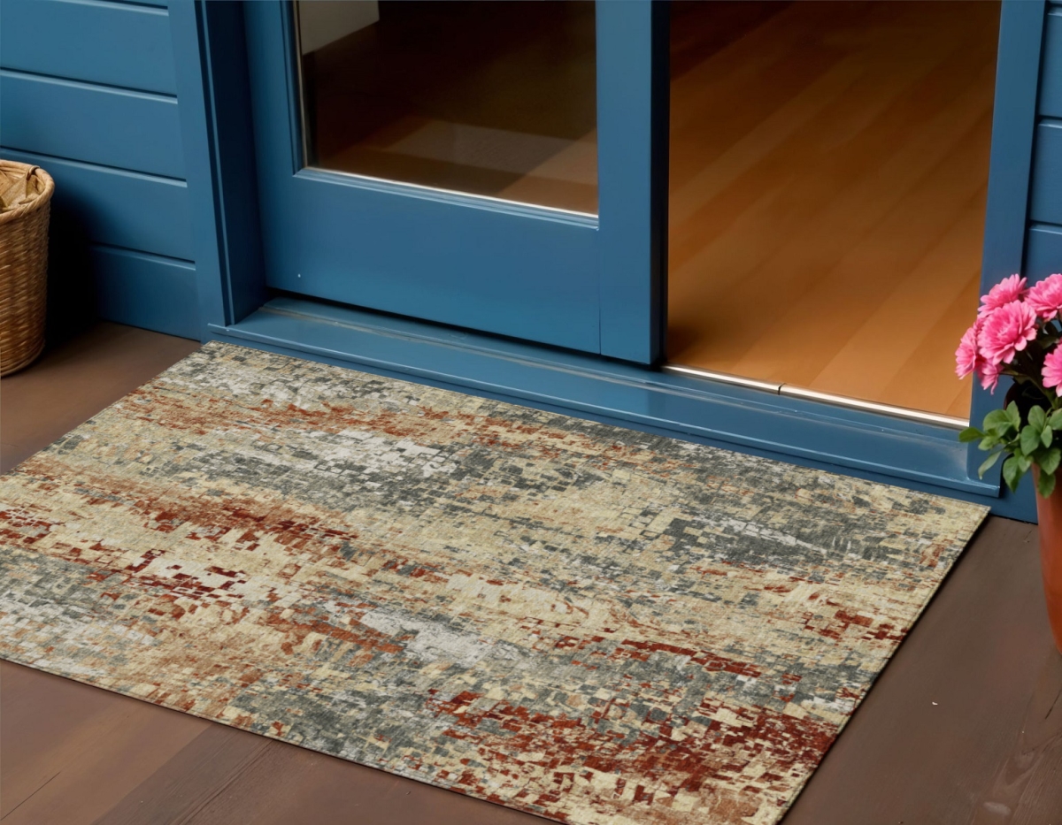 640580 3 x 5 ft. Pewter Rust & Gray Abstract Washable Transitional Indoor & Outdoor Rectangle Area Rug