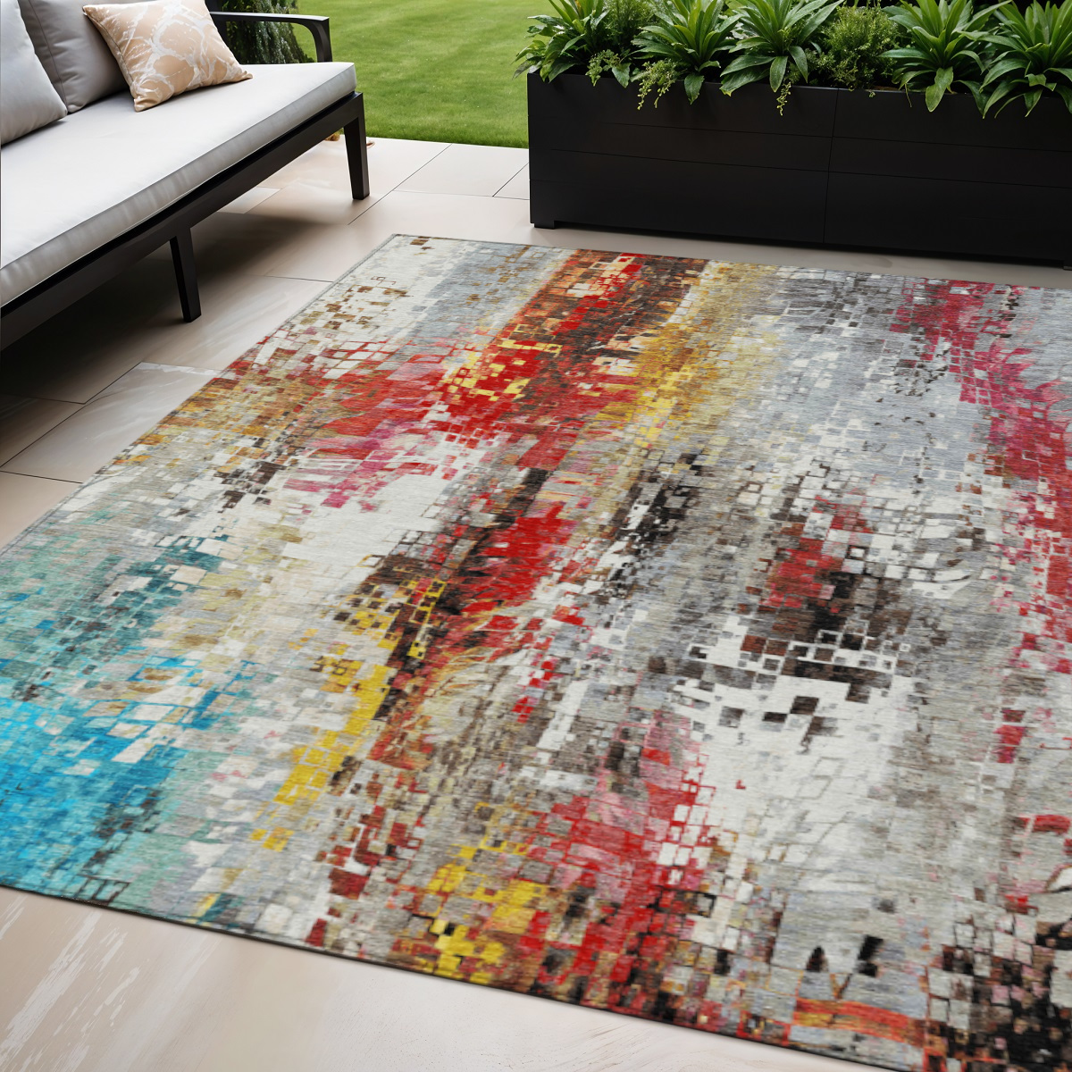 640587 5 x 8 ft. Silver Red Teal, Blue & Ivory Abstract Washable Transitional Indoor & Outdoor Rectangle Area Rug
