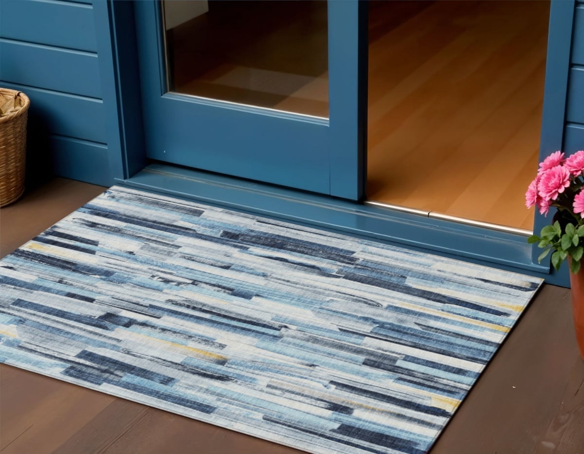 640598 3 x 5 ft. Denim Blue & Ivory Striped Washable Transitional Indoor & Outdoor Rectangle Area Rug