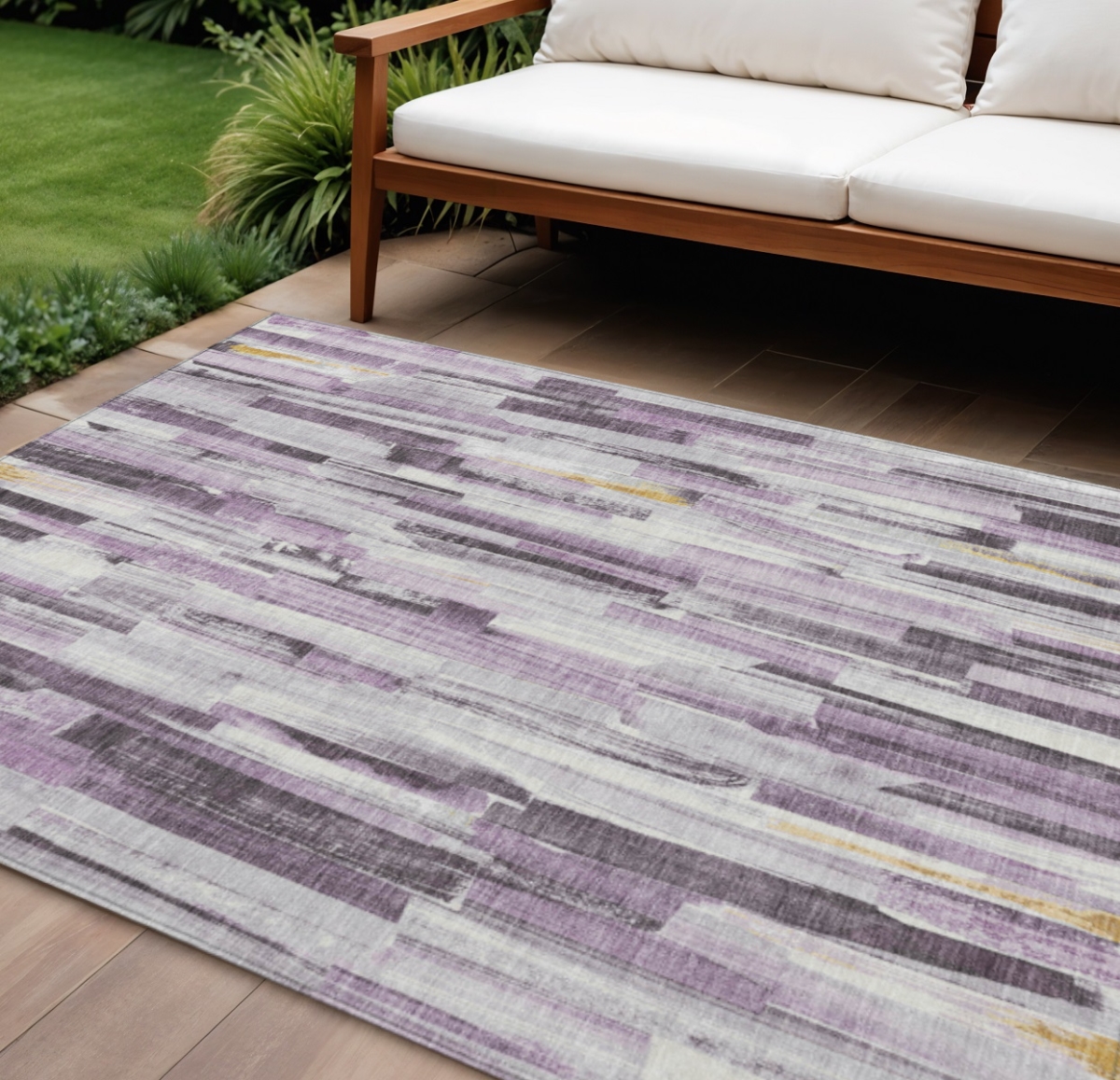 640615 10 x 14 ft. Lavender & Ivory Striped Washable Transitional Indoor & Outdoor Rectangle Area Rug