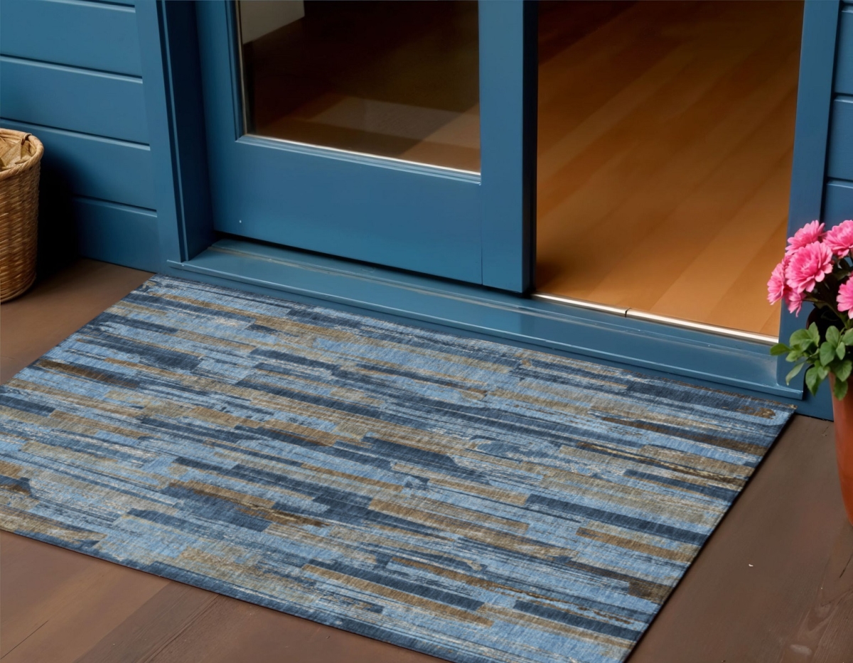 640616 3 x 5 ft. Navy Blue & Taupe Striped Washable Transitional Indoor & Outdoor Rectangle Area Rug