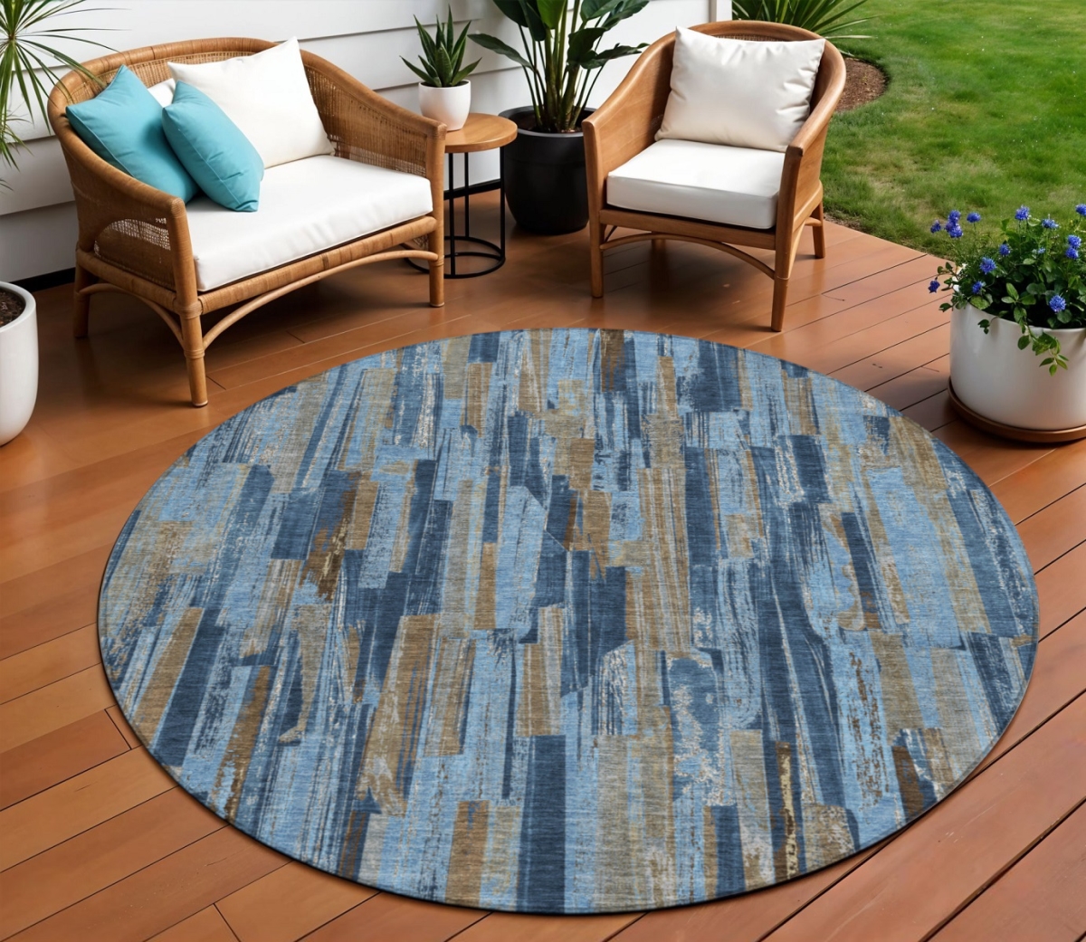 640618 8 ft. Navy Blue & Taupe Striped Washable Transitional Indoor & Outdoor Round Area Rug