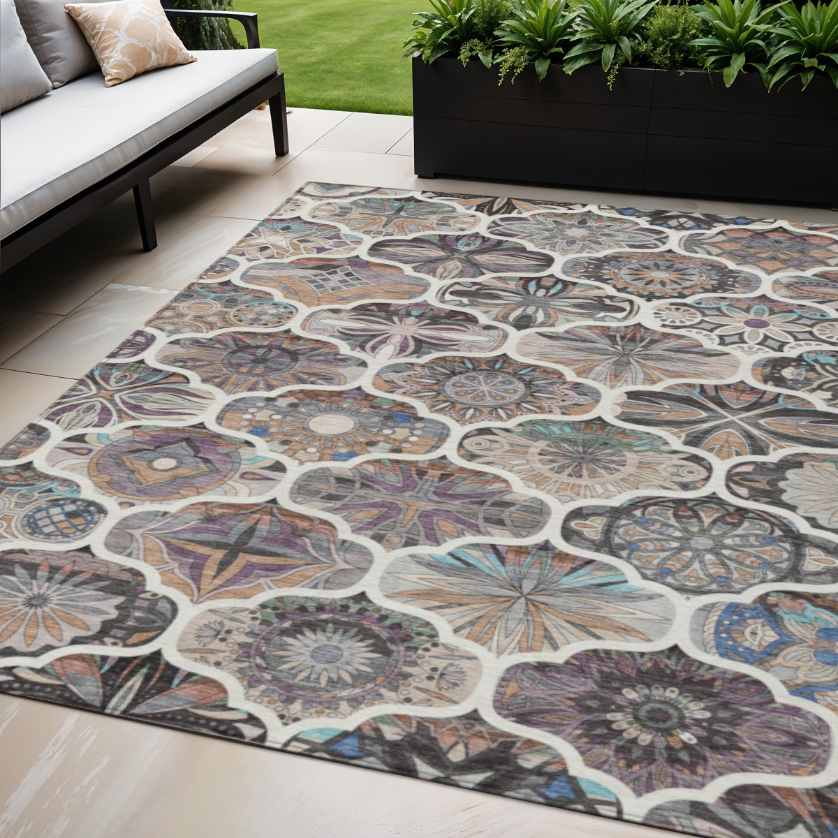 640665 5 x 8 ft. Gray Lavender & Ivory Quatrefoil Washable Transitional Indoor & Outdoor Rectangle Area Rug