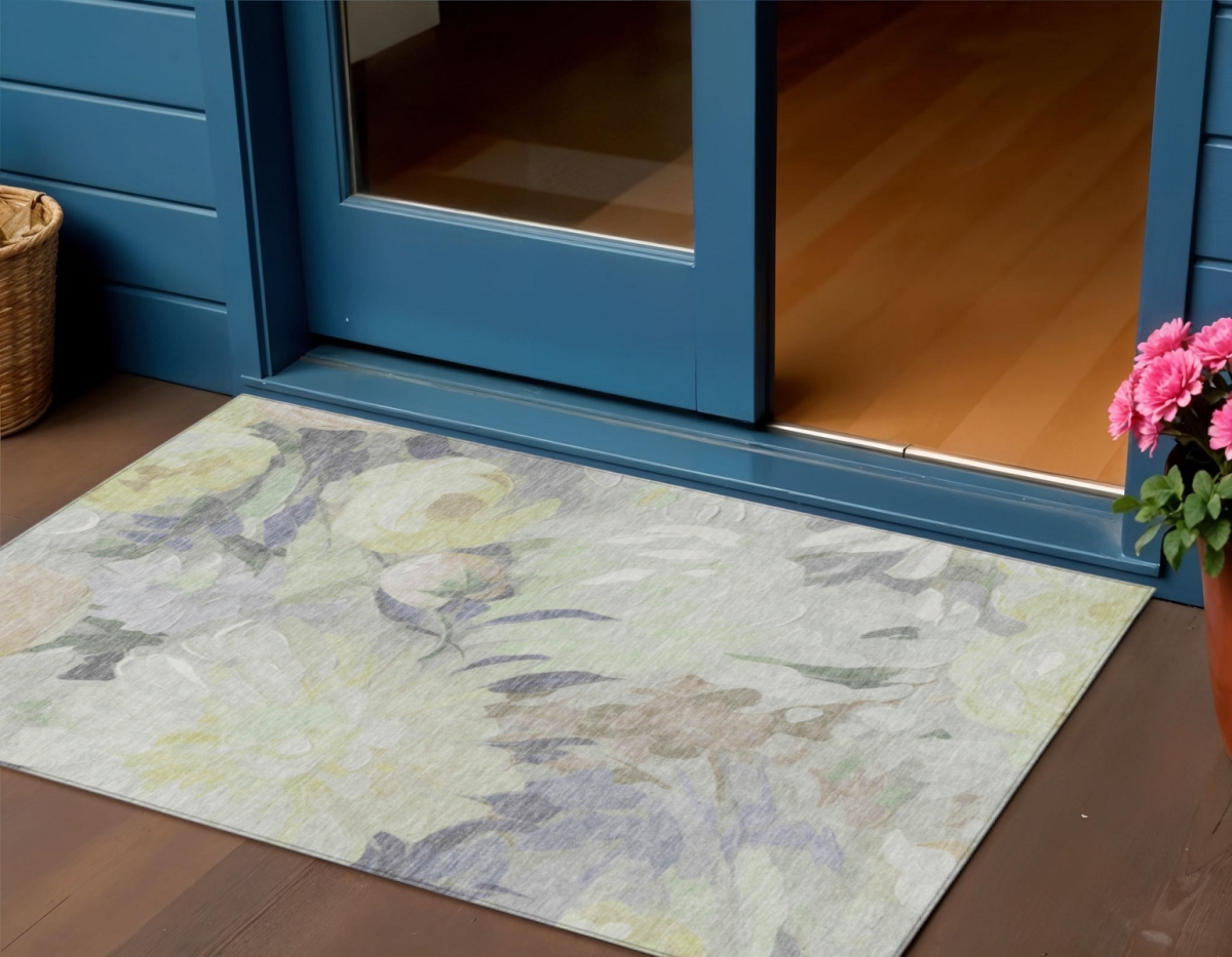 641164 3 x 5 ft. Mint Green, Ivory & Beige Floral Washable Transitional Indoor & Outdoor Rectangle Area Rug