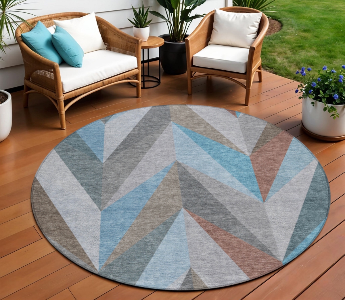 641214 8 ft. Teal Blue Copper & Gray Geometric Washable Transitional Indoor & Outdoor Round Area Rug