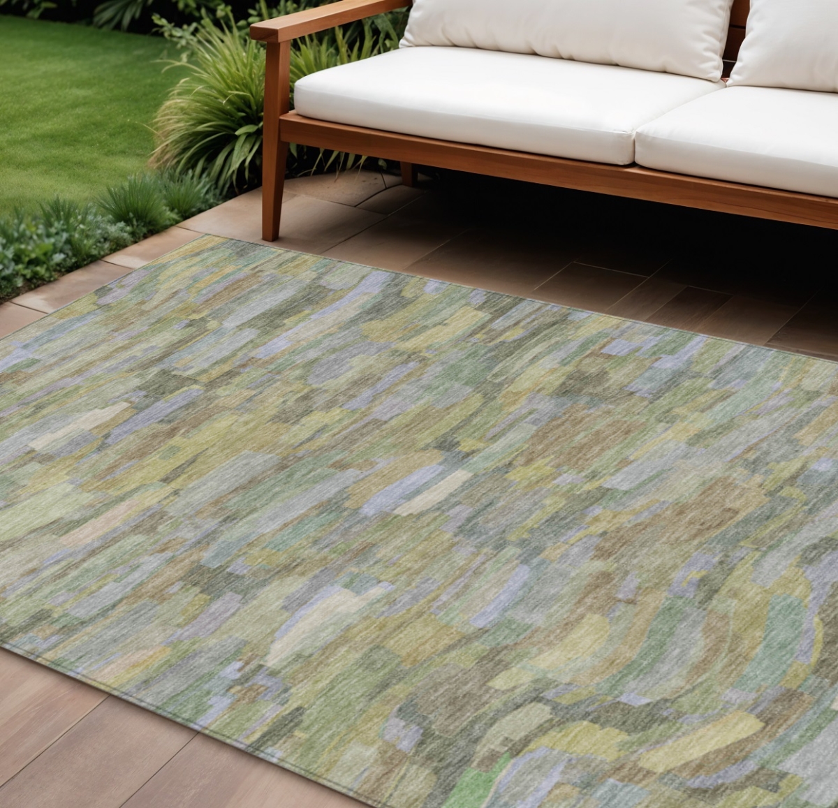 641222 9 x 12 ft. Artichoke Green & Taupe Striped Washable Transitional Indoor & Outdoor Rectangle Area Rug