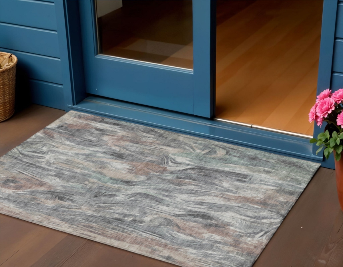641356 3 x 5 ft. Gray Brown & Ivory Abstract Washable Transitional Indoor & Outdoor Rectangle Area Rug