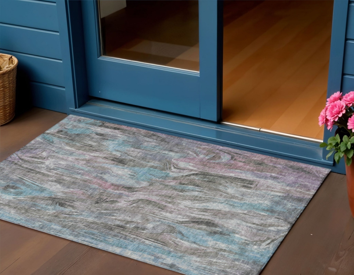641362 3 x 5 ft. Taupe Teal, Blue & Gray Abstract Washable Transitional Indoor & Outdoor Rectangle Area Rug