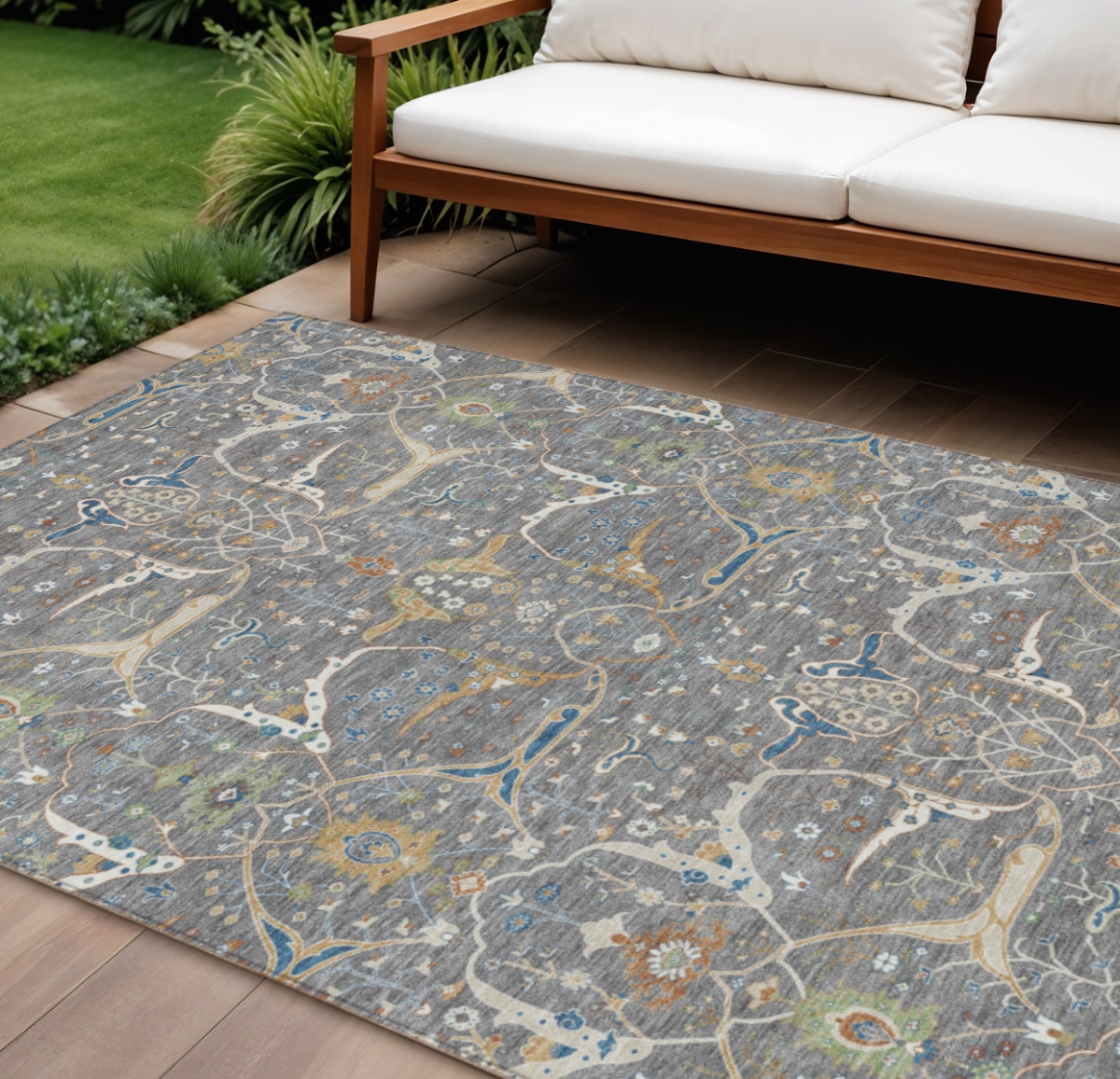 640443 8 x 10 ft. Gray Green & Copper Floral Washable Traditional Indoor & Outdoor Rectangle Area Rug