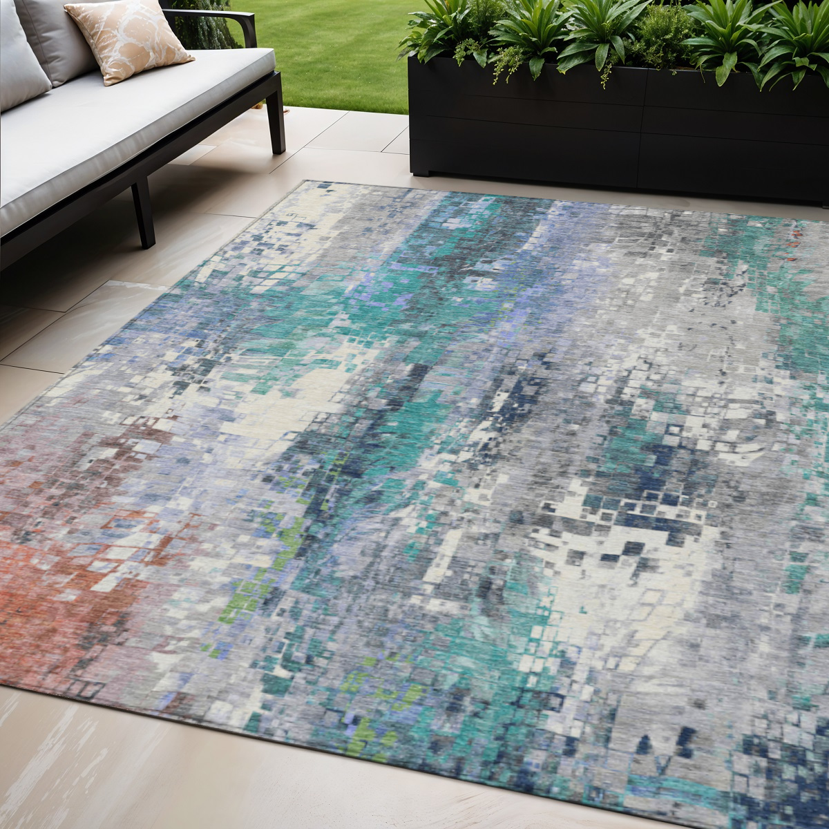 640593 5 x 8 ft. Teal Blue Ivory, Gray & Copper Abstract Washable Transitional Indoor & Outdoor Rectangle Area Rug