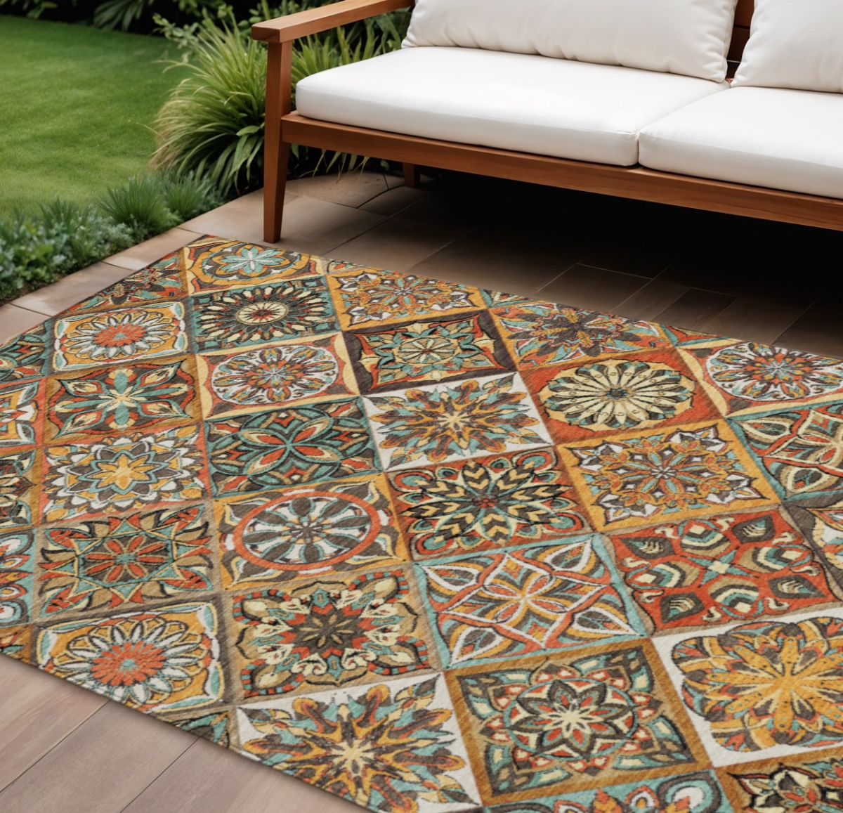 640638 9 x 12 ft. Gold & Orange Patchwork Washable Transitional Indoor & Outdoor Rectangle Area Rug