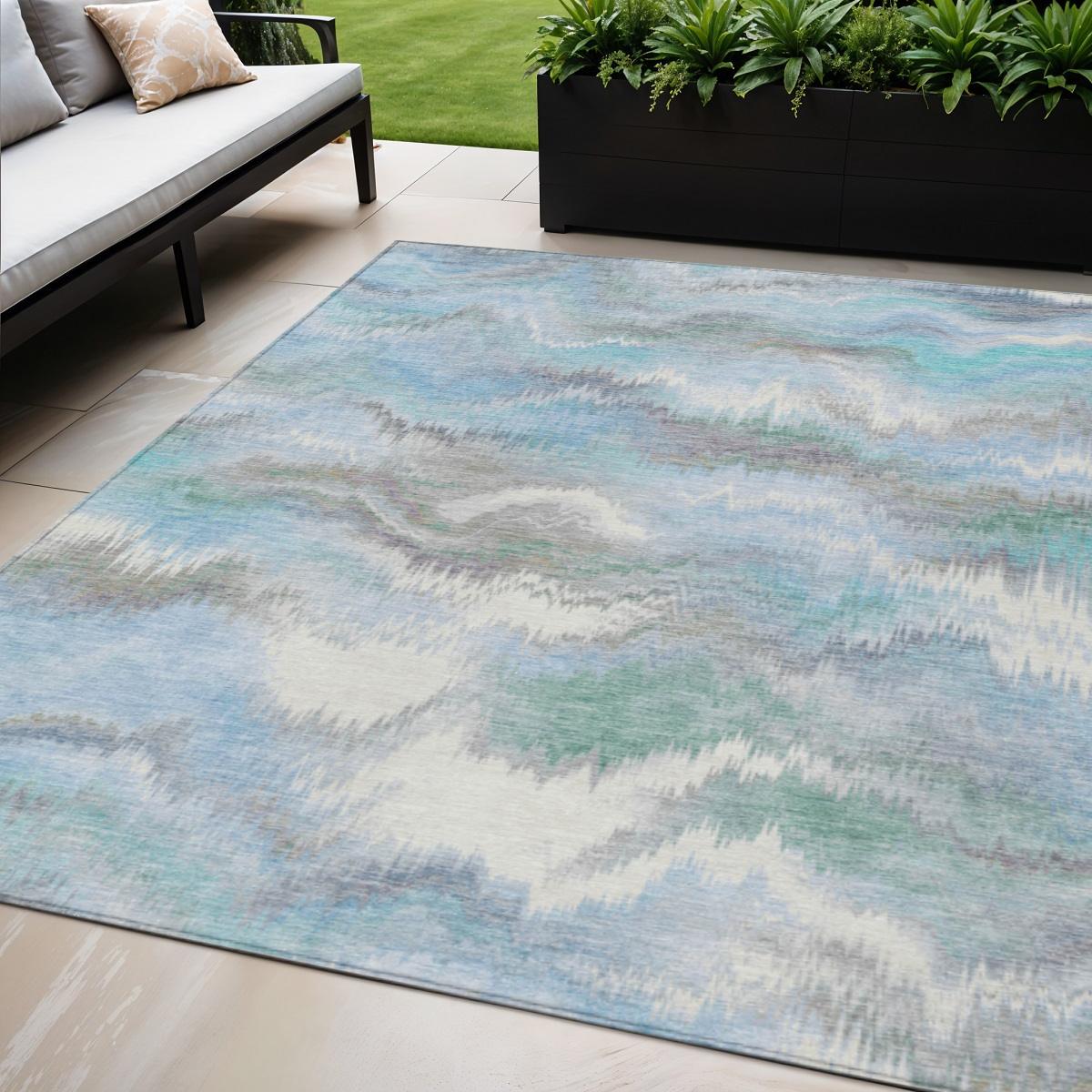 640763 5 x 8 ft. Denim Blue & Ivory Abstract Washable Transitional Indoor & Outdoor Rectangle Area Rug