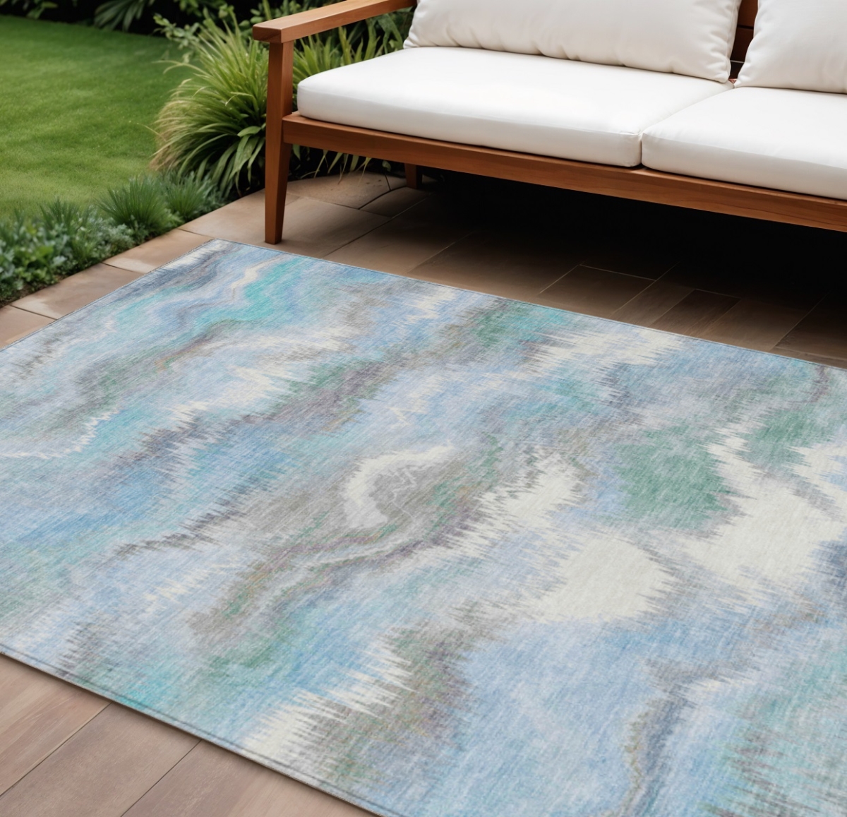 640766 9 x 12 ft. Denim Blue & Ivory Abstract Washable Transitional Indoor & Outdoor Rectangle Area Rug