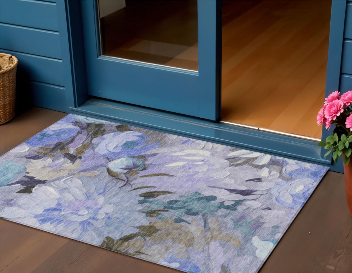 641170 3 x 5 ft. Purple & Blue Floral Washable Transitional Indoor & Outdoor Rectangle Area Rug