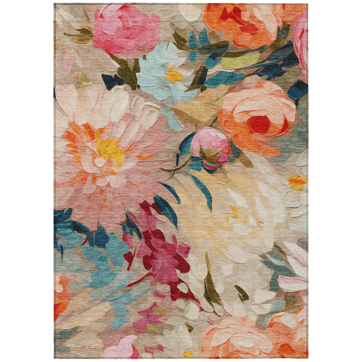 641179 8 x 10 ft. Beige Yellow Teal, Blue & Orange Floral Washable Transitional Indoor & Outdoor Rectangle Area Rug