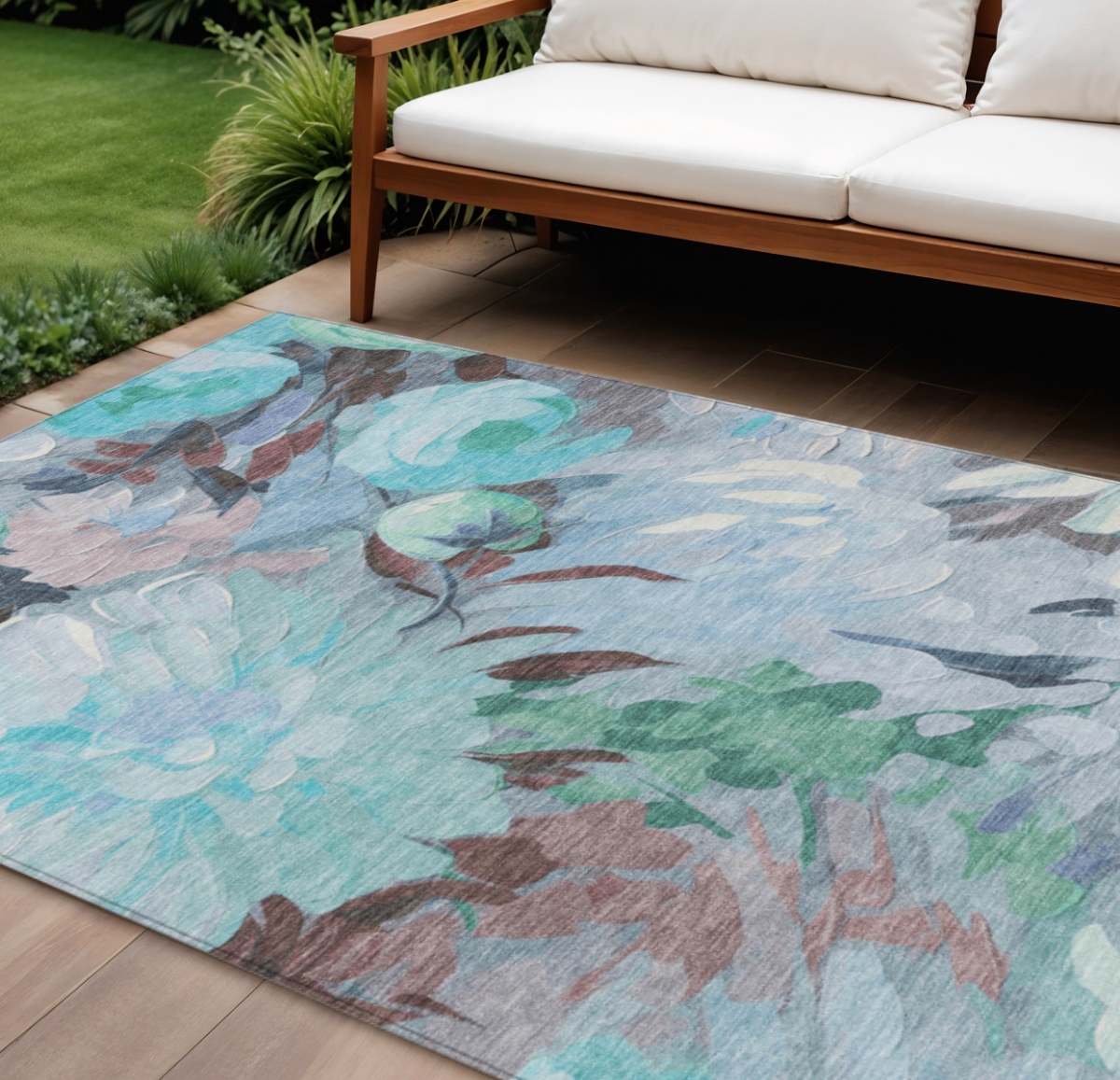 641187 10 x 14 ft. Sky Blue Mint Green & Ivory Floral Washable Transitional Indoor & Outdoor Rectangle Area Rug