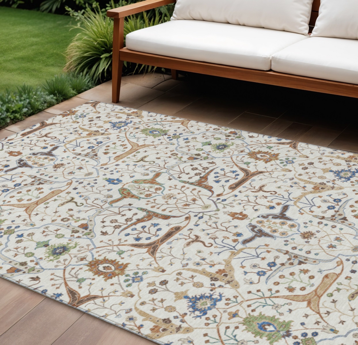640449 8 x 10 ft. Ivory Copper & Blue Floral Washable Traditional Indoor & Outdoor Rectangle Area Rug