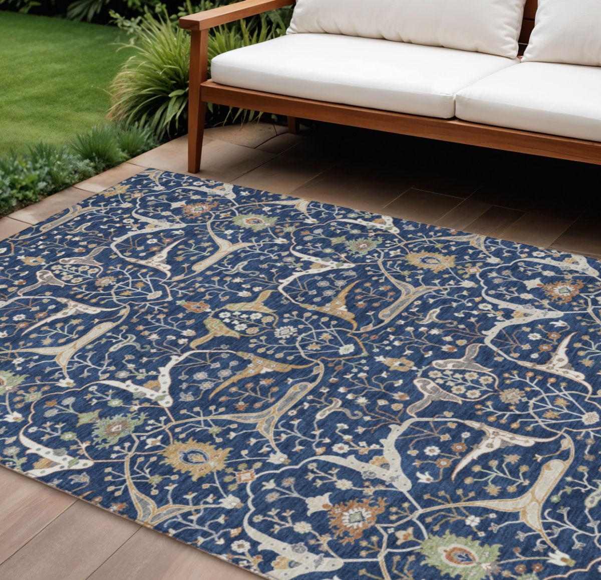 640457 10 x 14 ft. Navy Blue, Ivory & Gold Floral Washable Traditional Indoor & Outdoor Rectangle Area Rug
