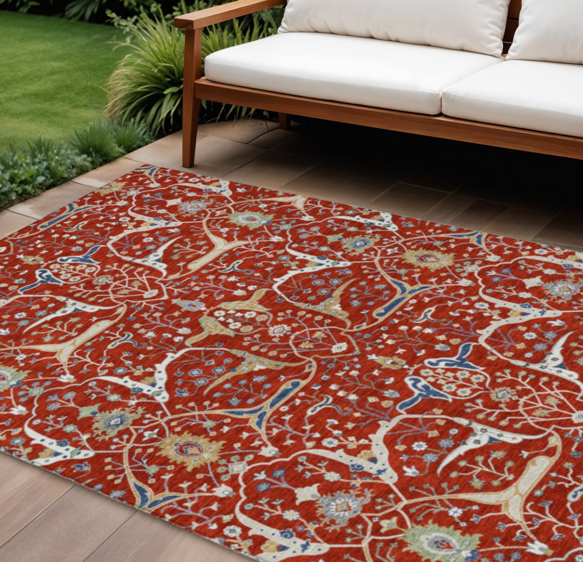 640462 9 x 12 ft. Red Blue & Ivory Floral Washable Traditional Indoor & Outdoor Rectangle Area Rug