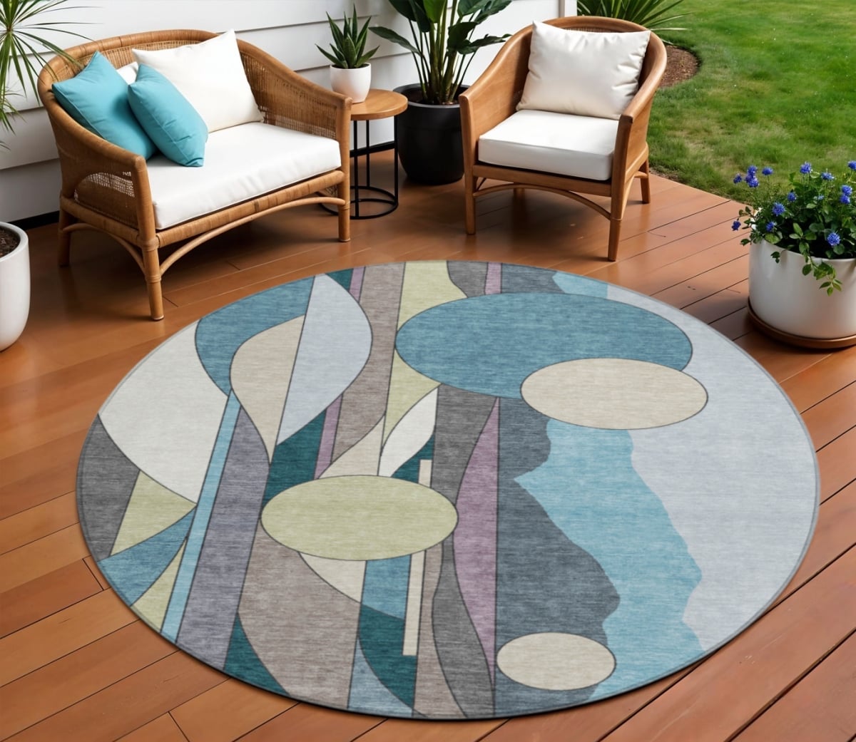 640528 8 ft. Teal Blue, Ivory & Green Geometric Washable Transitional Indoor & Outdoor Round Area Rug
