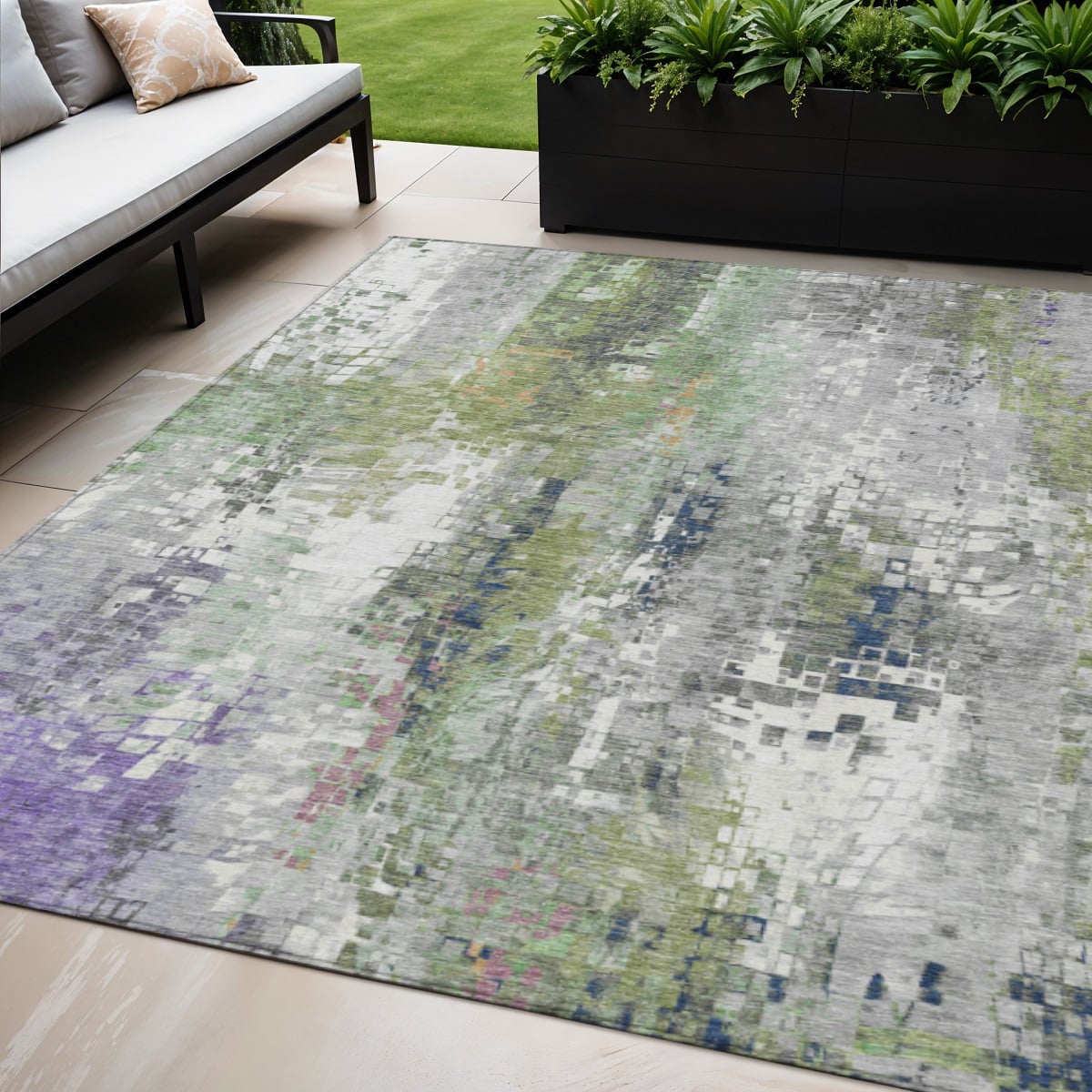 640563 5 x 8 ft. Artichoke Green, Ivory & Purple Abstract Washable Transitional Indoor & Outdoor Rectangle Area Rug
