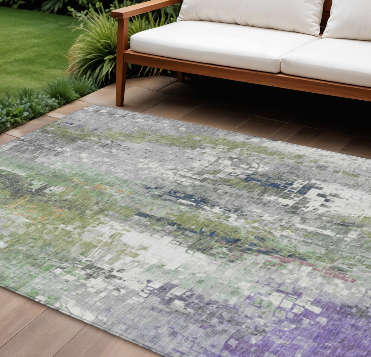640566 9 x 12 ft. Artichoke Green, Ivory & Purple Abstract Washable Transitional Indoor & Outdoor Rectangle Area Rug