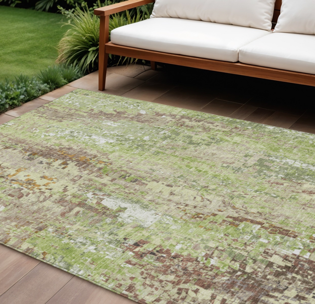 640573 10 x 14 ft. Green Tan & Ivory Abstract Washable Transitional Indoor & Outdoor Rectangle Area Rug