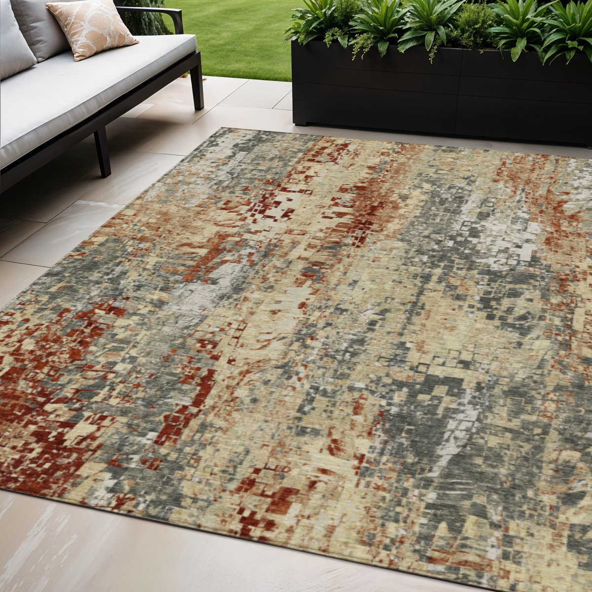 640581 5 x 8 ft. Pewter Rust & Gray Abstract Washable Transitional Indoor & Outdoor Rectangle Area Rug
