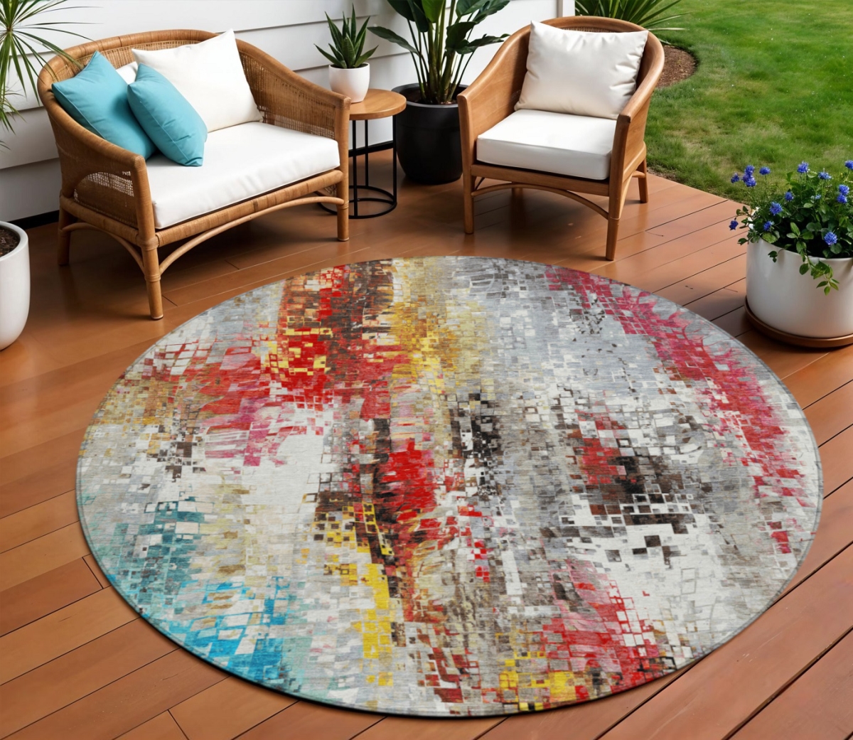 640588 8 ft. Silver Red Teal, Blue & Ivory Abstract Washable Transitional Indoor & Outdoor Round Area Rug