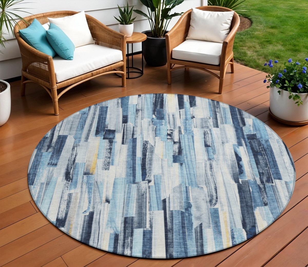 640600 8 ft. Denim Blue & Ivory Striped Washable Transitional Indoor & Outdoor Round Area Rug