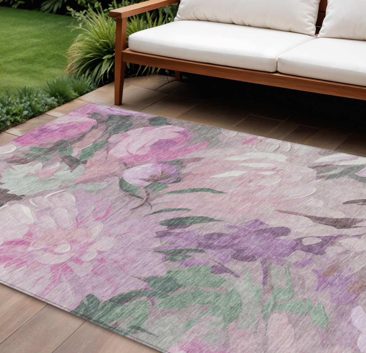 641157 10 x 14 ft. Blush Mauve & Ivory Floral Washable Transitional Indoor & Outdoor Rectangle Area Rug
