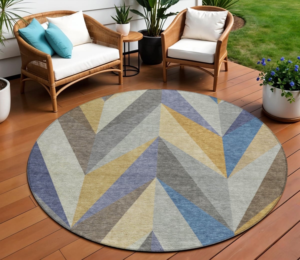 641202 8 ft. Gold Blue & Ivory Geometric Washable Transitional Indoor & Outdoor Round Area Rug