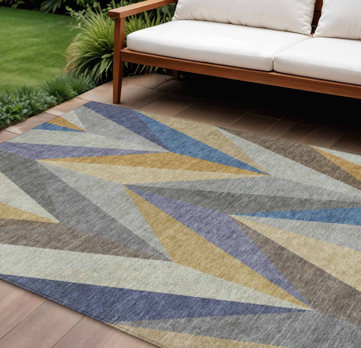 641205 10 x 14 ft. Gold Blue & Ivory Geometric Washable Transitional Indoor & Outdoor Rectangle Area Rug