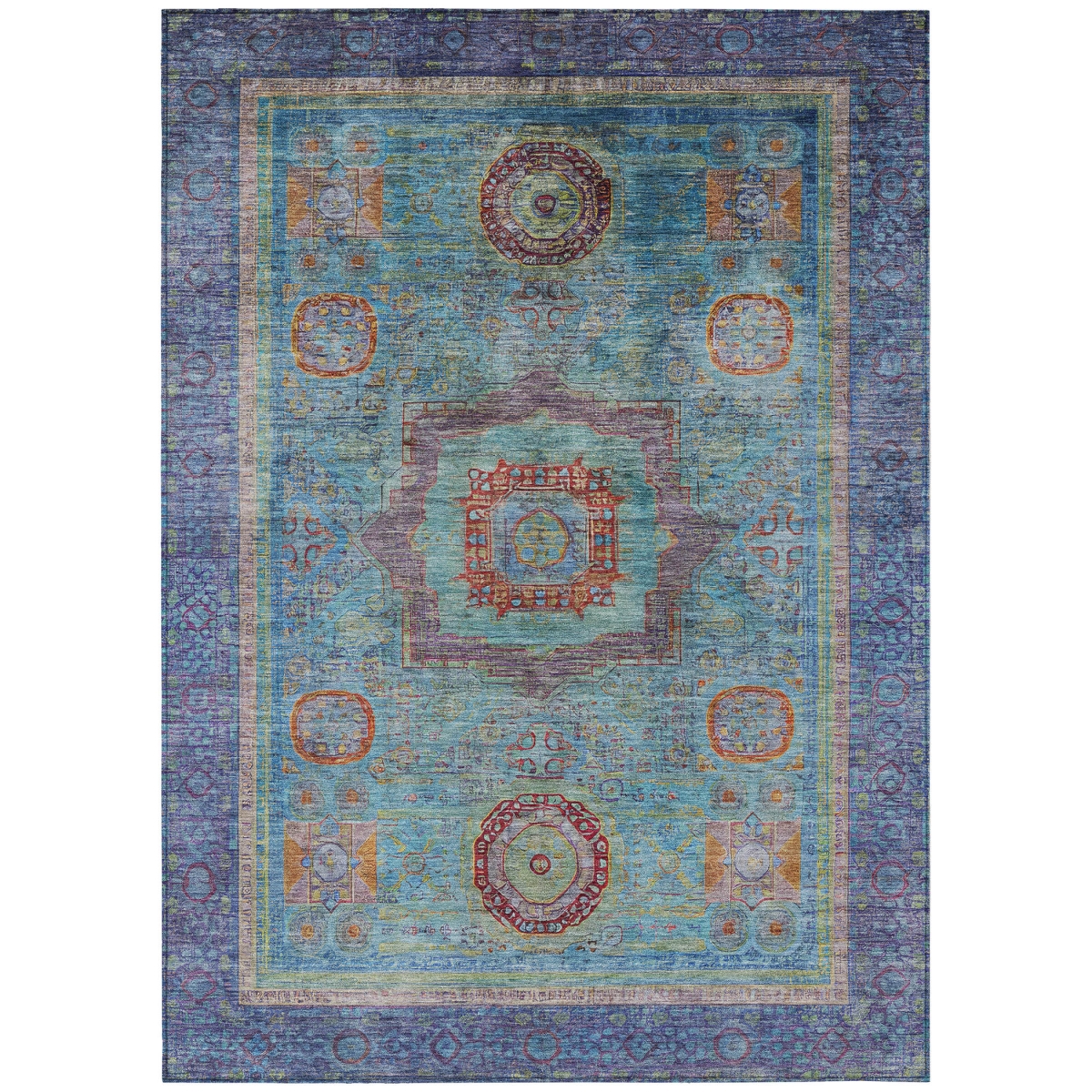 637431 8 x 10 ft. Teal Blue Plum & Copper Oriental Washable Traditional Indoor & Outdoor Rectangle Area Rug