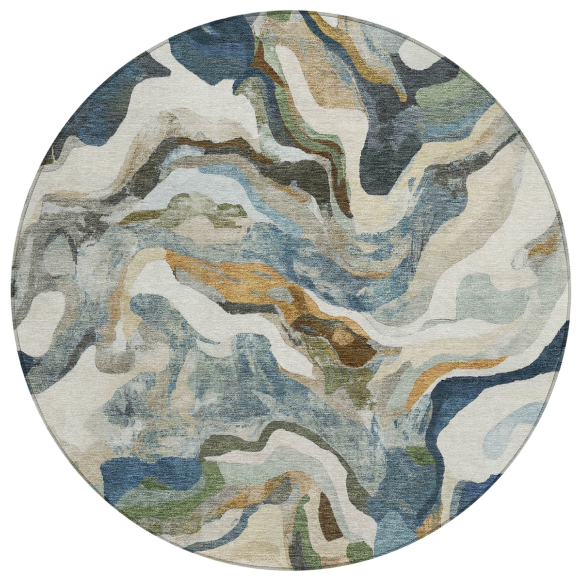 637508 8 ft. Denim Blue, Ivory & Gold Abstract Washable Transitional Indoor & Outdoor Round Area Rug