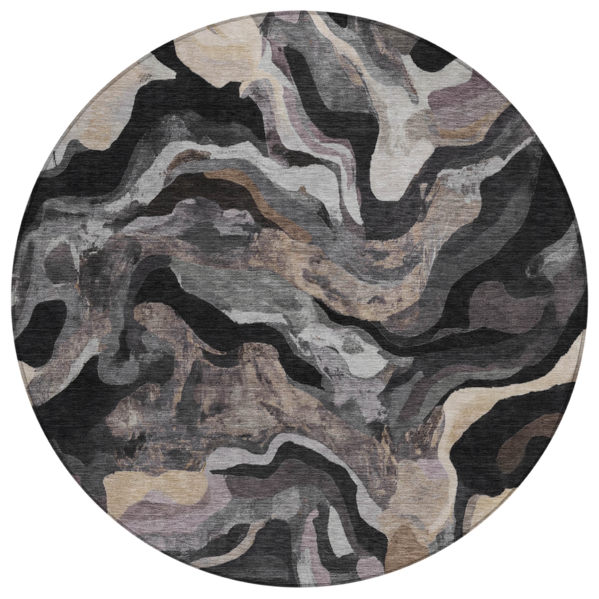 637514 8 ft. Granite Gray Silver & Beige Abstract Washable Transitional Indoor & Outdoor Round Area Rug