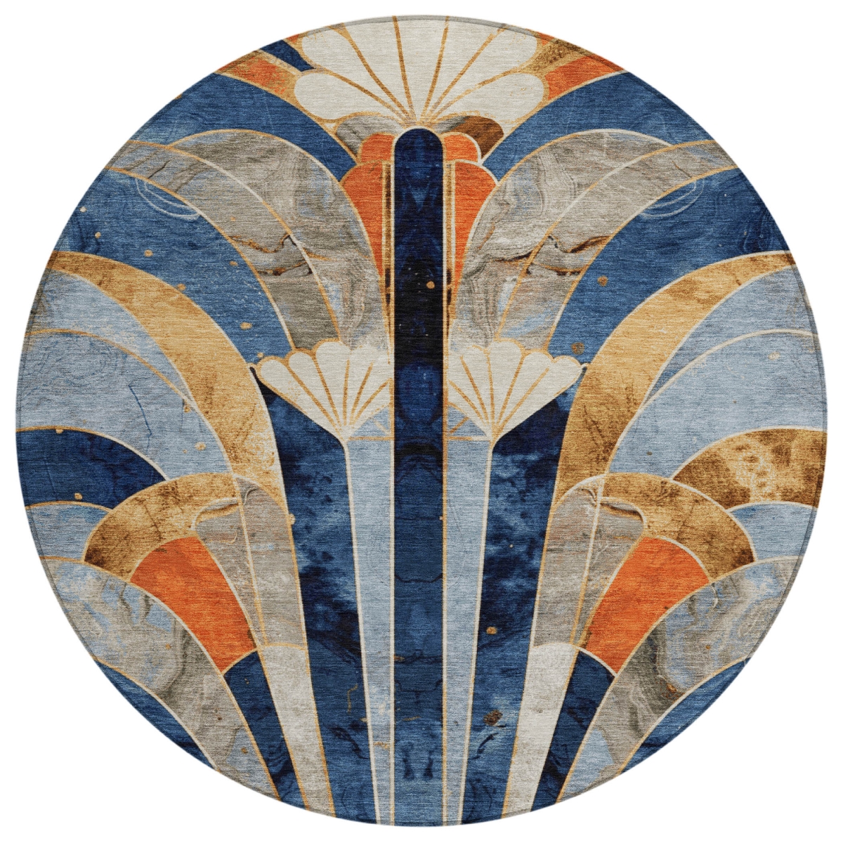 637912 8 ft. Navy Blue Orange & Ivory Geometric Washable Transitional Indoor & Outdoor Round Area Rug