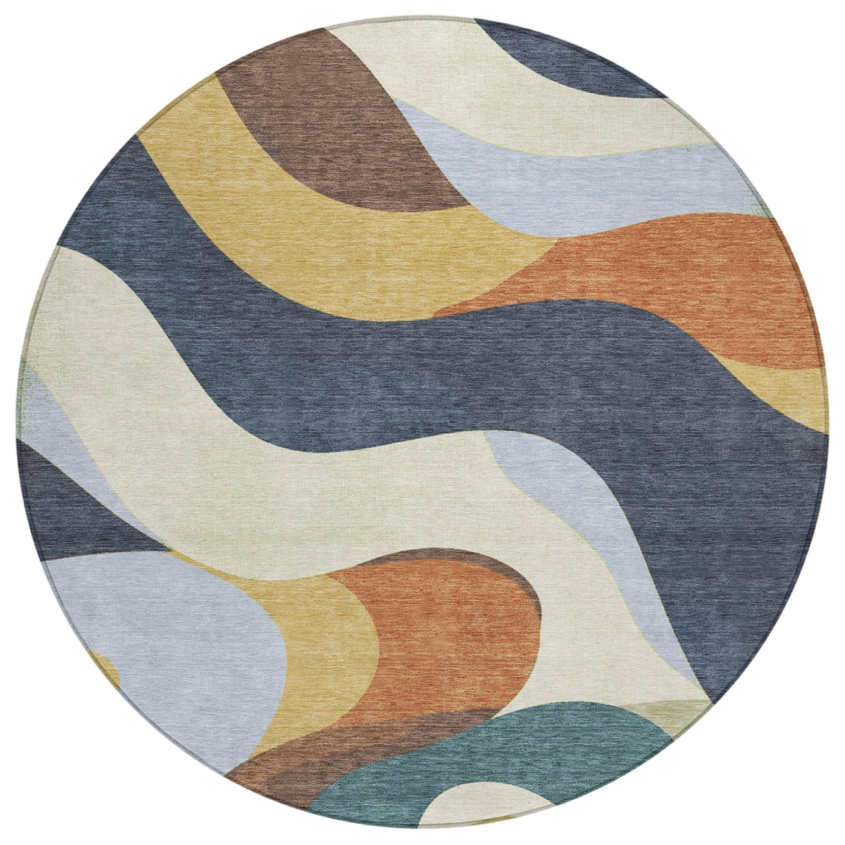 638027 8 ft. Gold Navy Blue & Ivory Abstract Washable Transitional Indoor & Outdoor Round Area Rug