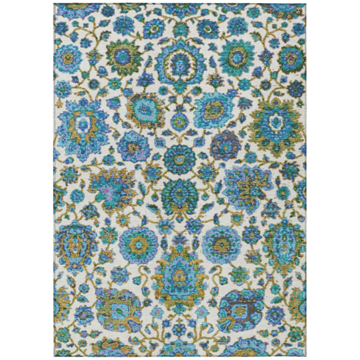 638049 9 x 12 ft. Aqua & Ivory Floral Medallion Washable Traditional Indoor & Outdoor Rectangle Area Rug