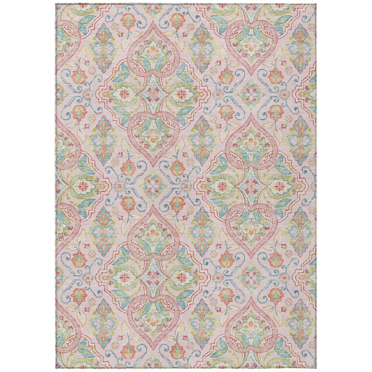 638681 3 x 5 ft. Pink Artichoke Green & Orange Ogee Washable Transitional Indoor & Outdoor Rectangle Area Rug