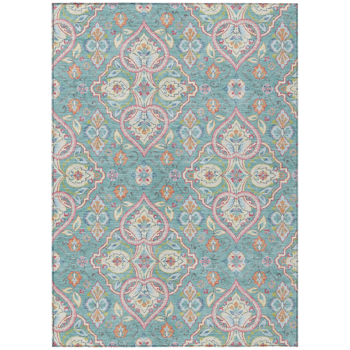 638697 9 x 12 ft. Teal Blue Pink & Orange Ogee Washable Transitional Indoor & Outdoor Rectangle Area Rug