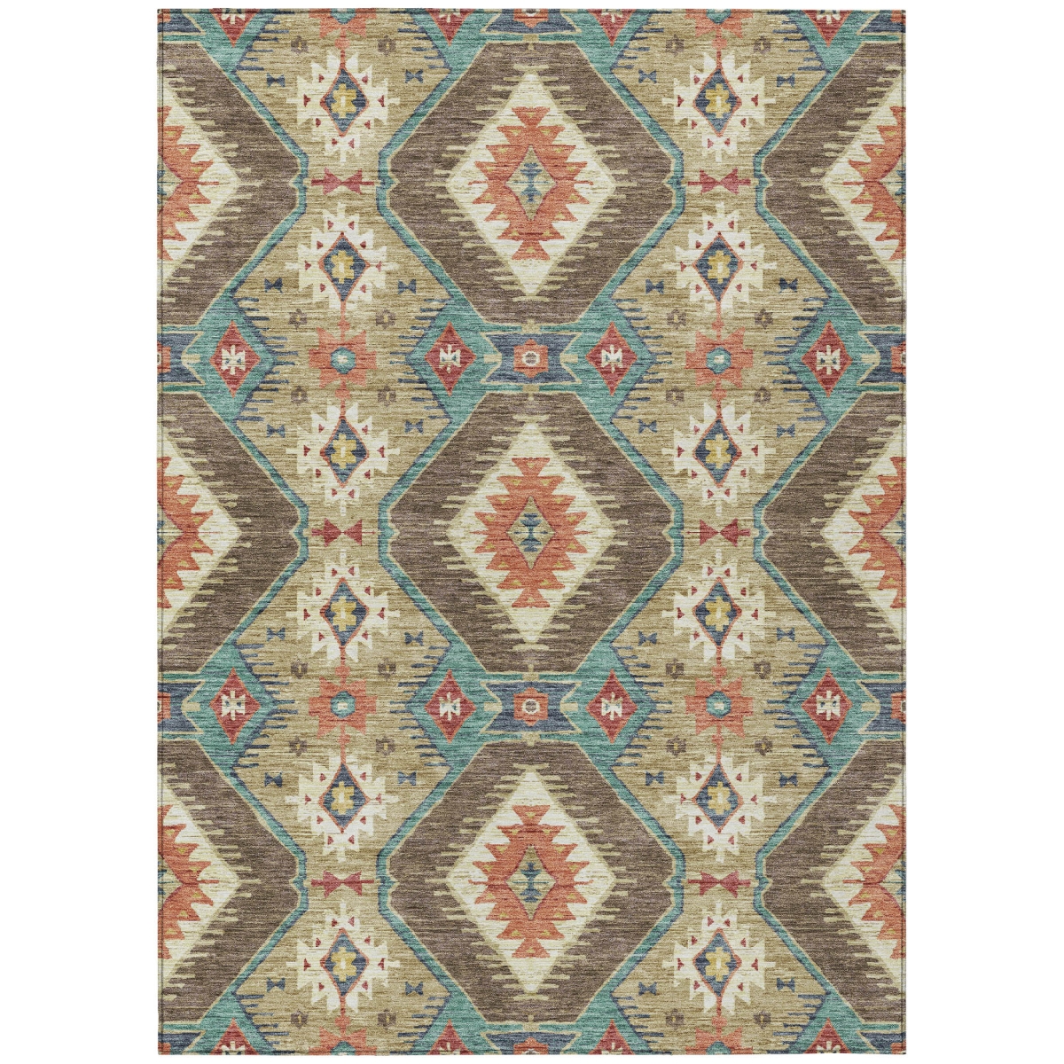 638782 10 x 14 ft. Khaki Teal, Blue & Copper Moroccan Washable Transitional Indoor & Outdoor Rectangle Area Rug