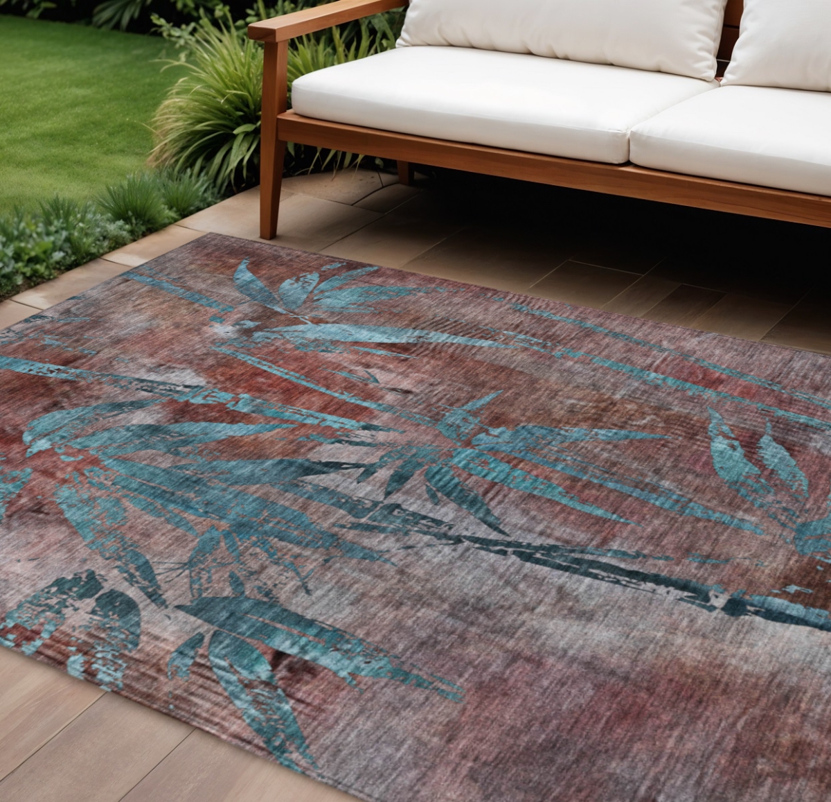 639250 10 x 14 ft. Terra Cotta & Teal Blue Botanical Leaves Washable Transitional Indoor & Outdoor Rectangle Area Rug