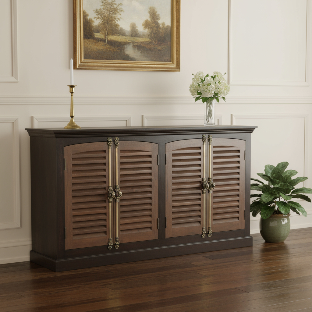 634320 37 x 72 x 15 in. Dark Brown Solid Wood Shutter Style Sideboard with 4 Doors