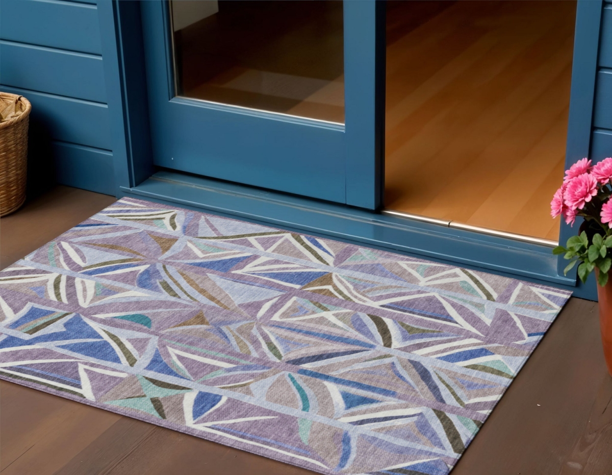 640544 3 x 5 ft. Lavender Ivory & Blue Geometric Washable Transitional Indoor & Outdoor Rectangle Area Rug