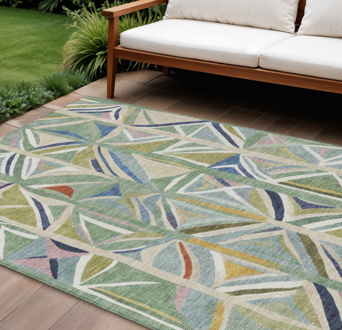 640554 9 x 12 ft. Sage Blue & Ivory Geometric Washable Transitional Indoor & Outdoor Rectangle Area Rug