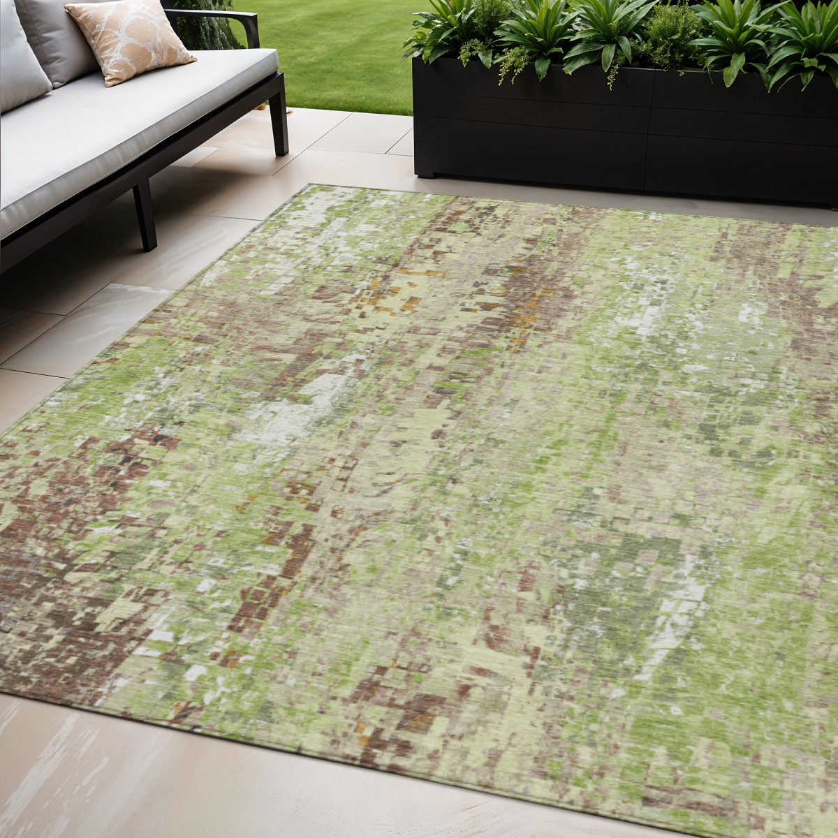 640569 5 x 8 ft. Green Tan & Ivory Abstract Washable Transitional Indoor & Outdoor Rectangle Area Rug